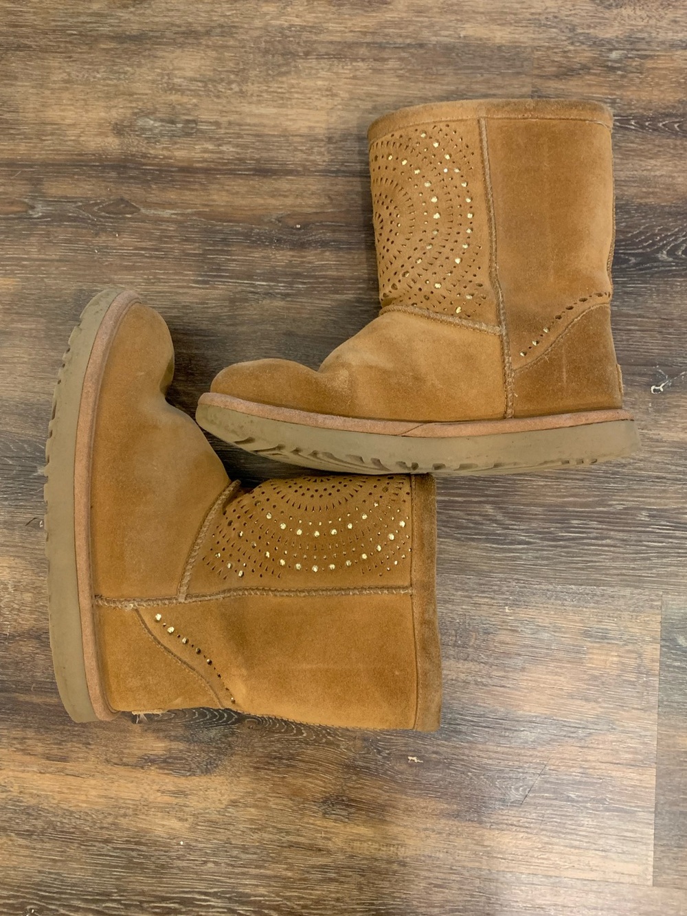 UGG Chestnut Suede Short Boots with Gold Stud Accents